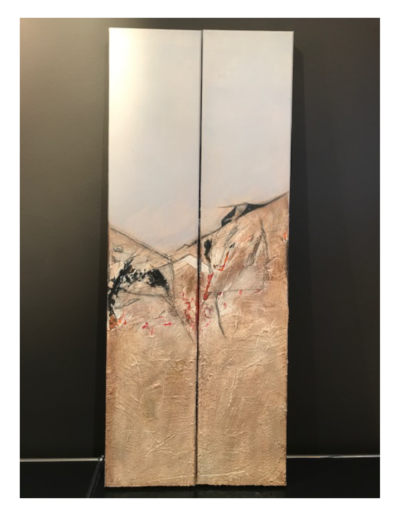 Spachtelmasse, Sand, Öl, Acryl, Grafit auf Leinwand von 2018, 2 x 100 x 20 cm