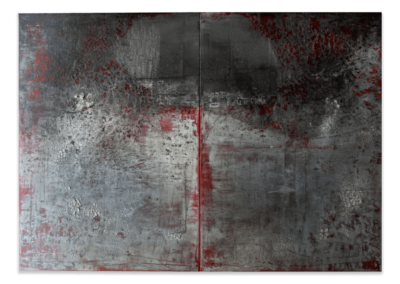 Acryl, Beize, Tusche, Marmormehl auf Leinwand von 2020, 2 x 100 x 70 cm